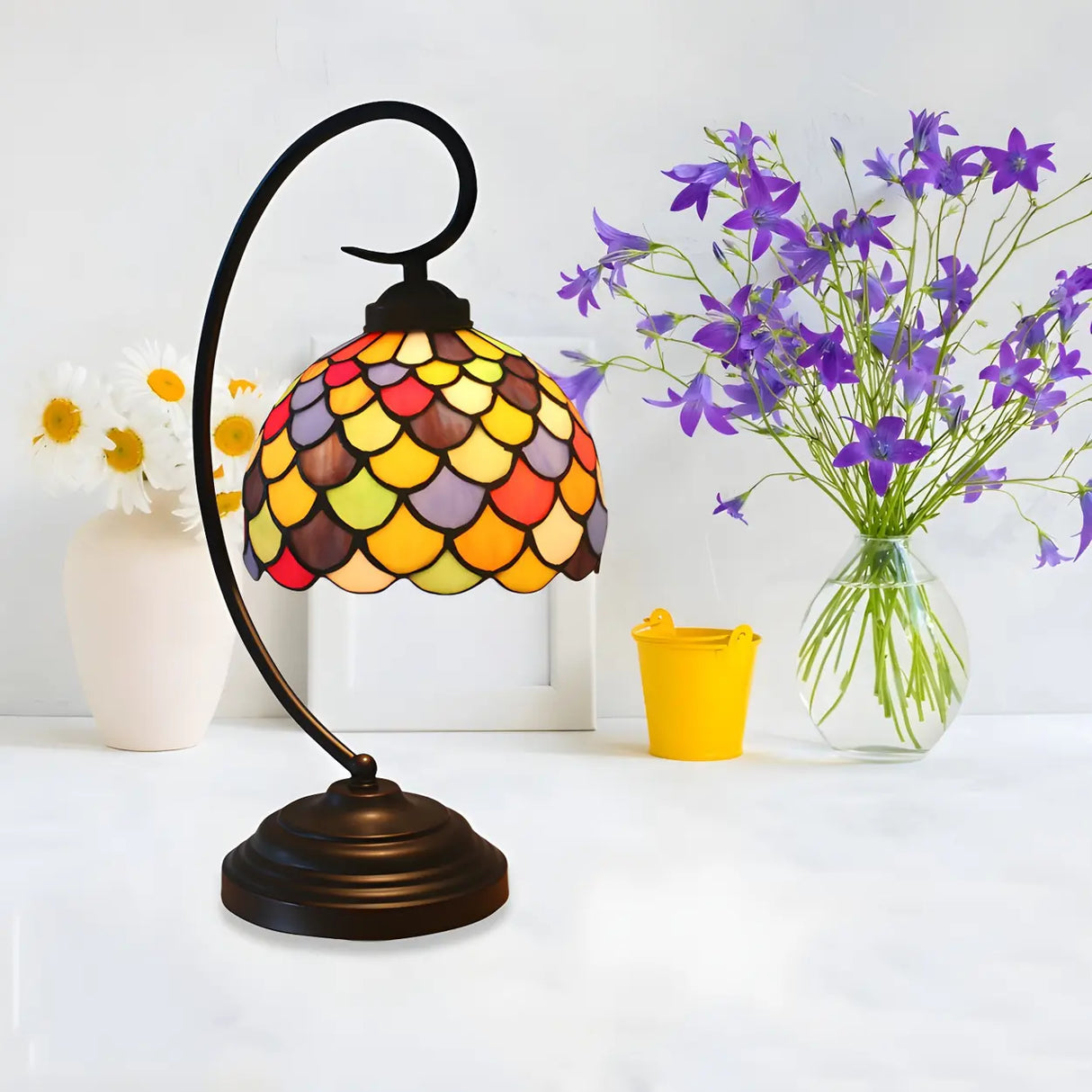 Retro Swirl Arm Victorian Stained Glass Desk Lamp Image - 2