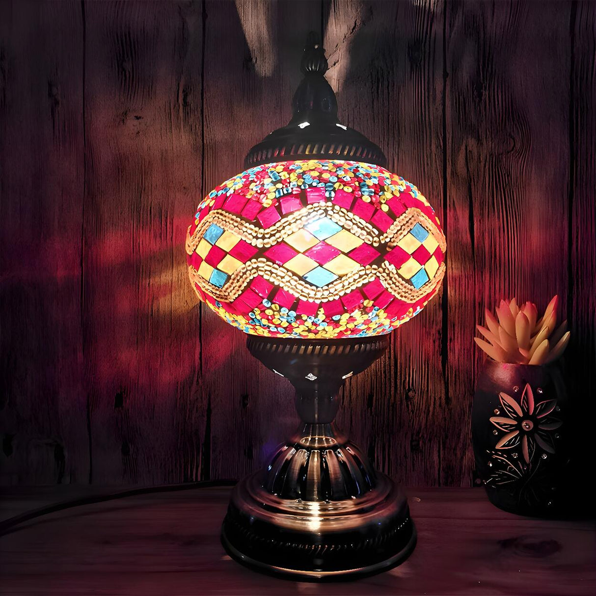 Retro Turkish Mosaic Globe Stained Glass Table Lamp Image - 1