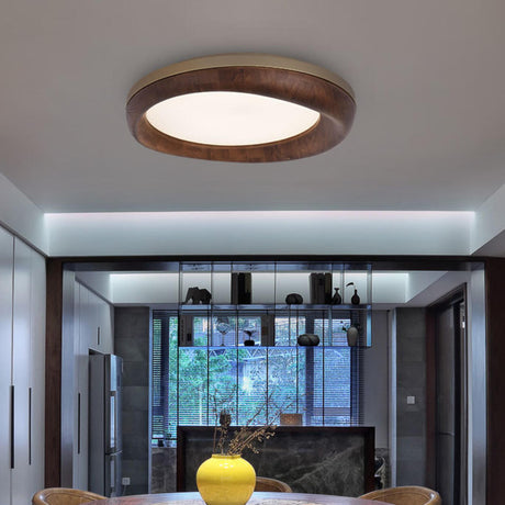 Retro Walnut Circular Wood Flush Mount Ceiling Light Image - 2