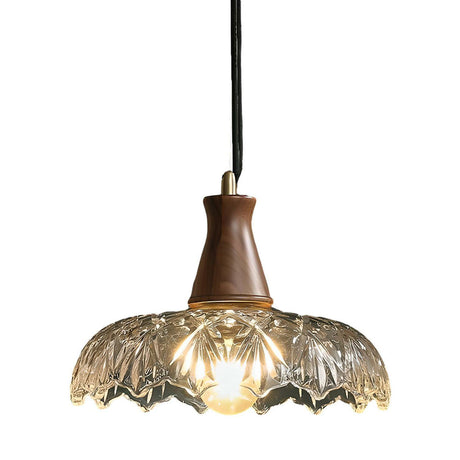 Retro Walnut Wooden Top Clear Glass Bowl Pendant Light Image - 2