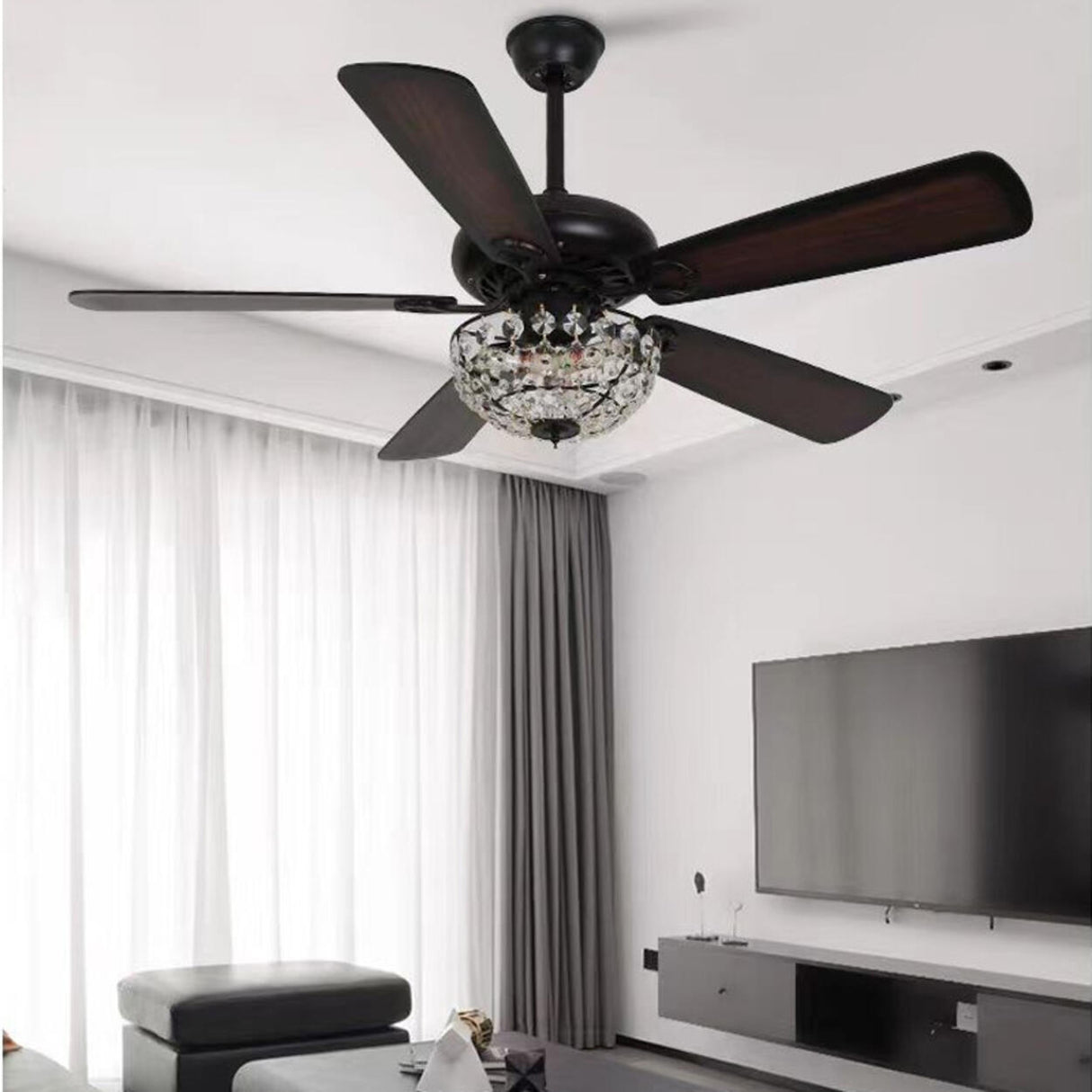 Retro Windmill Clear Crystal Decor Ceiling Fan Light Image - 3