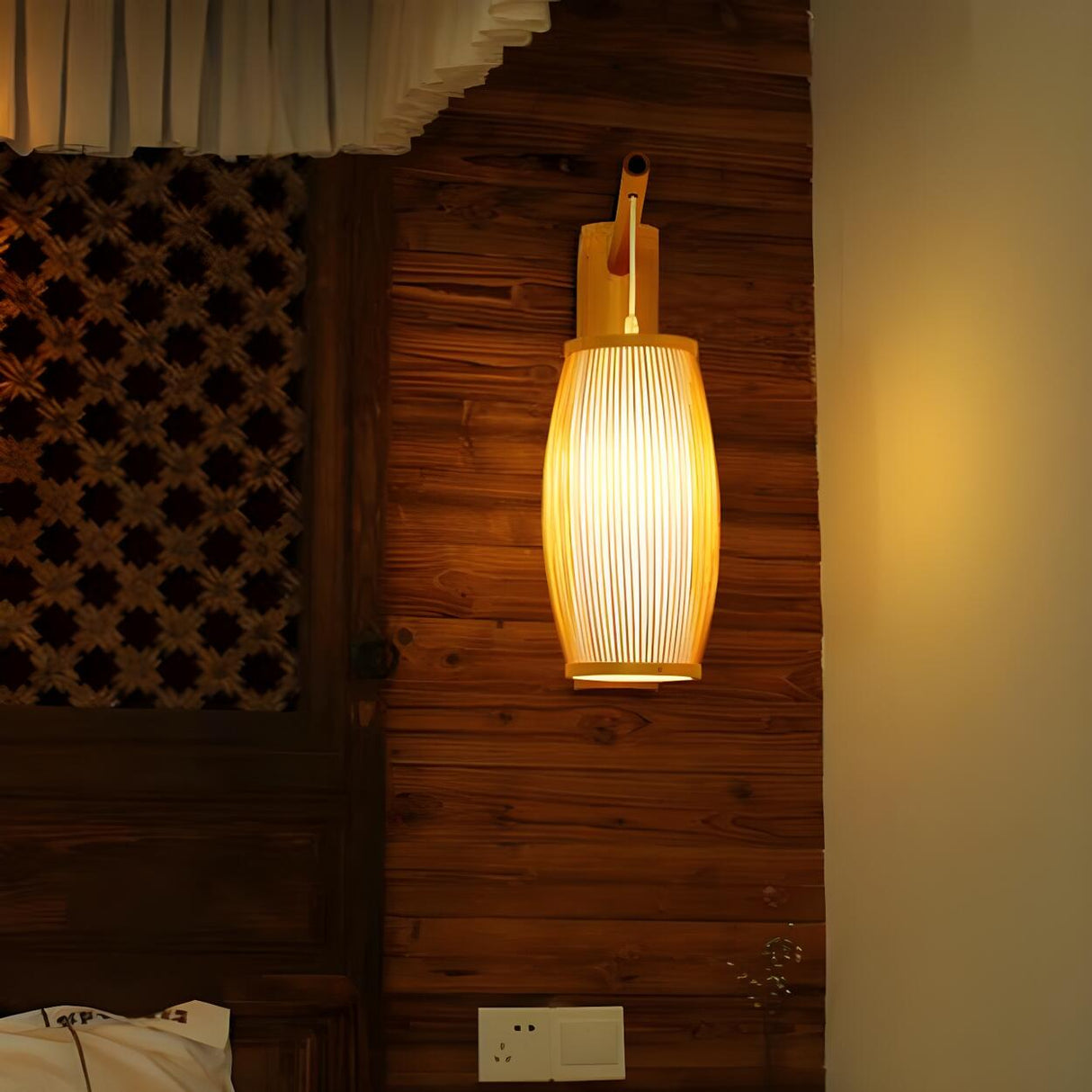 Retro Woven Bamboo Geometric LED Wall Light Fixture Image - 7