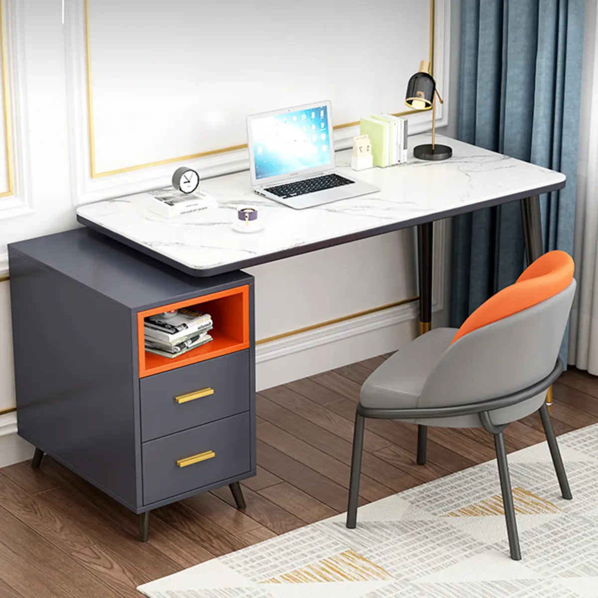 Reversible Ergonomic Off-White Drawers Computer Desk Image - 1