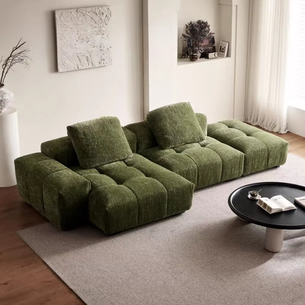 Reversible Green Chenille L-Shape Large Sofa Chaise Image - 1