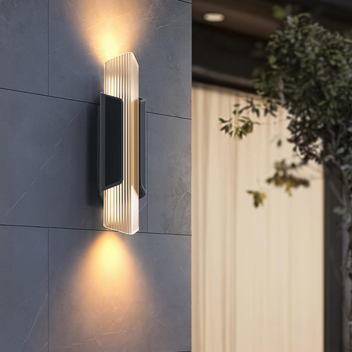 Ribbed Black Outdoor Geometric Up Down Wall Sconce Image - 4