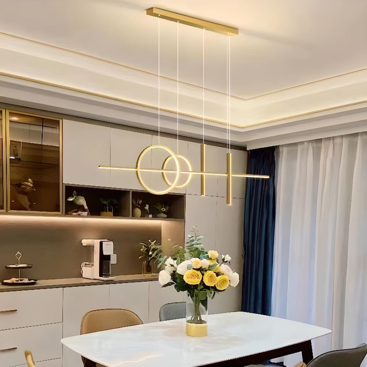 Ring and Bar Modern Gold Metal Island Pendant Light Image - 4