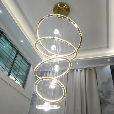 Ring Ball Crystal Remote Control Tiered Foyer Chandelier Image - 2