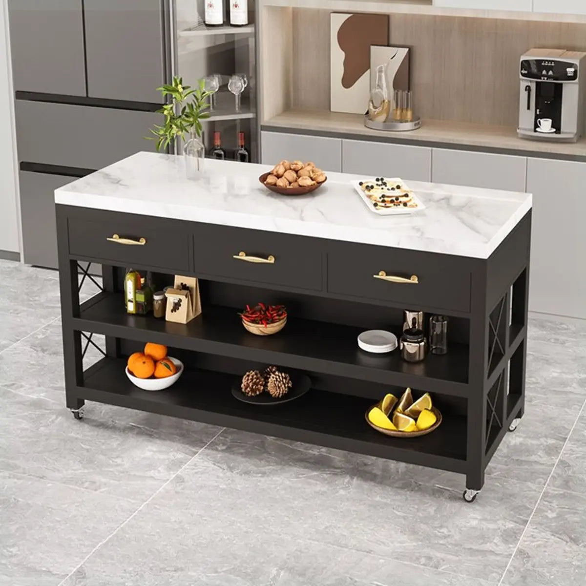 Rolling Portable Marble Top Black Kitchen Island Cart Image - 1