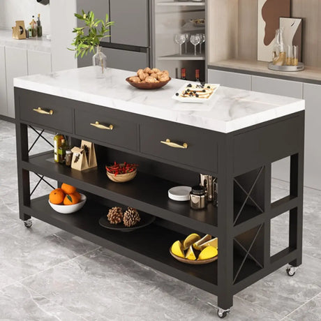 Rolling Portable Marble Top Black Kitchen Island Cart Image - 2