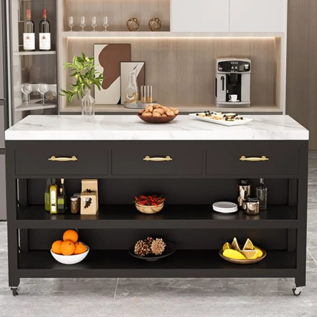 Rolling Portable Marble Top Black Kitchen Island Cart Image - 4