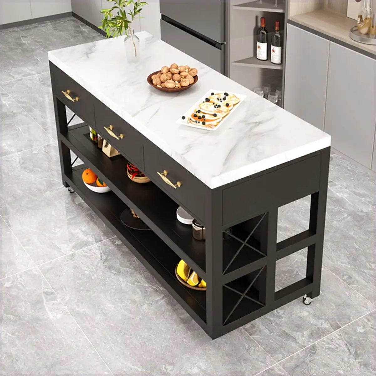 Rolling Portable Marble Top Black Kitchen Island Cart Image - 5