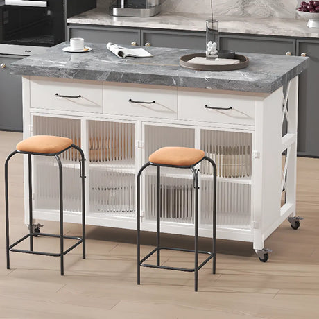 Rolling Rectangle Marble Gray White Storage Kitchen Island Image - 1