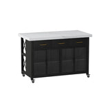 Rolling Rectangle Marble Gray White Storage Kitchen Island Image - 2