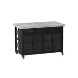 Rolling Rectangle Marble Gray White Storage Kitchen Island Image - 3