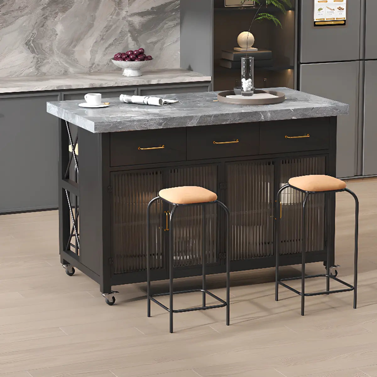 Rolling Rectangle Marble Gray White Storage Kitchen Island Image - 4