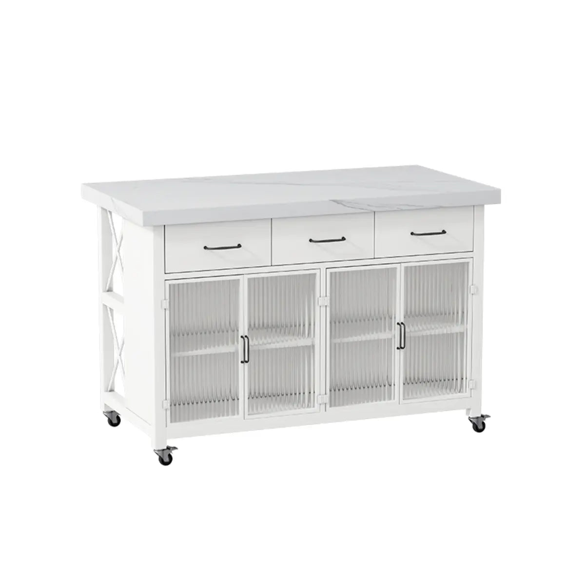 Rolling Rectangle Marble Gray White Storage Kitchen Island Image - 5