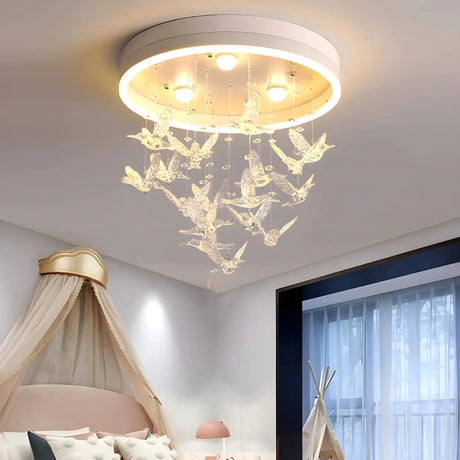 Romantic Bedroom Hanging Birds Drum Flush Mount Light Image - 1