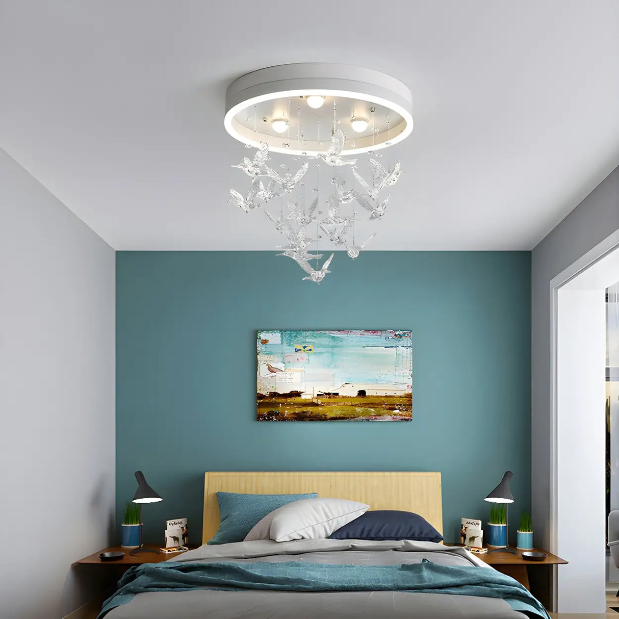 Romantic Bedroom Hanging Birds Drum Flush Mount Light Image - 16