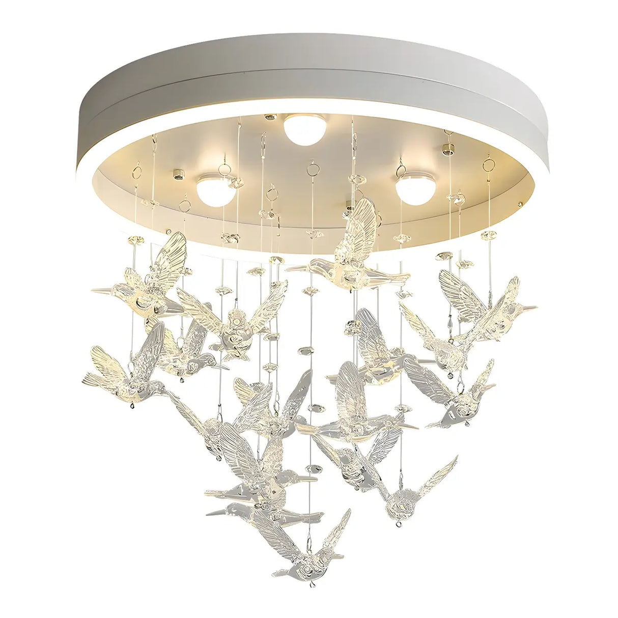 Romantic Bedroom Hanging Birds Drum Flush Mount Light Image - 6