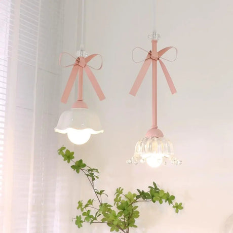 Romantic Bedroom Pink Bow Ceramics Floral Pendant Light Image - 1