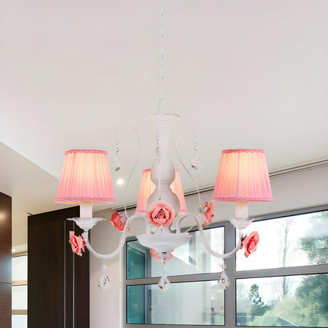 Romantic Classic Pink Rose Fabric Pleated White Chandelier Image - 1