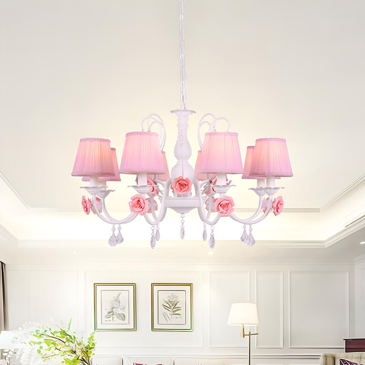 Romantic Classic Pink Rose Fabric Pleated White Chandelier Image - 11