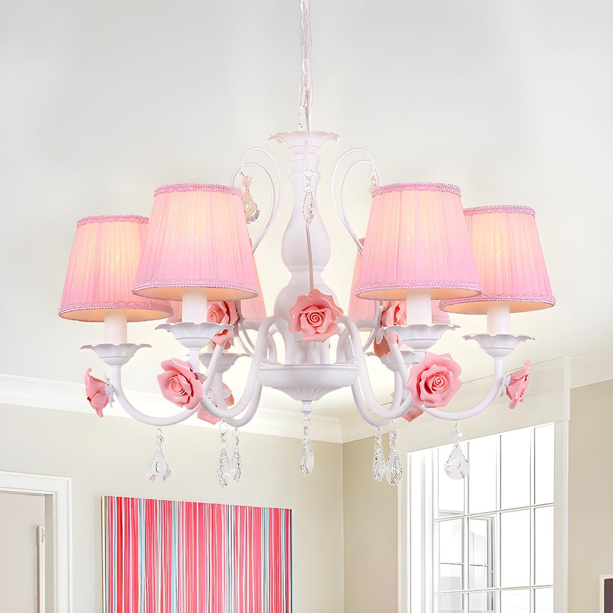 Romantic Classic Pink Rose Fabric Pleated White Chandelier Image - 5