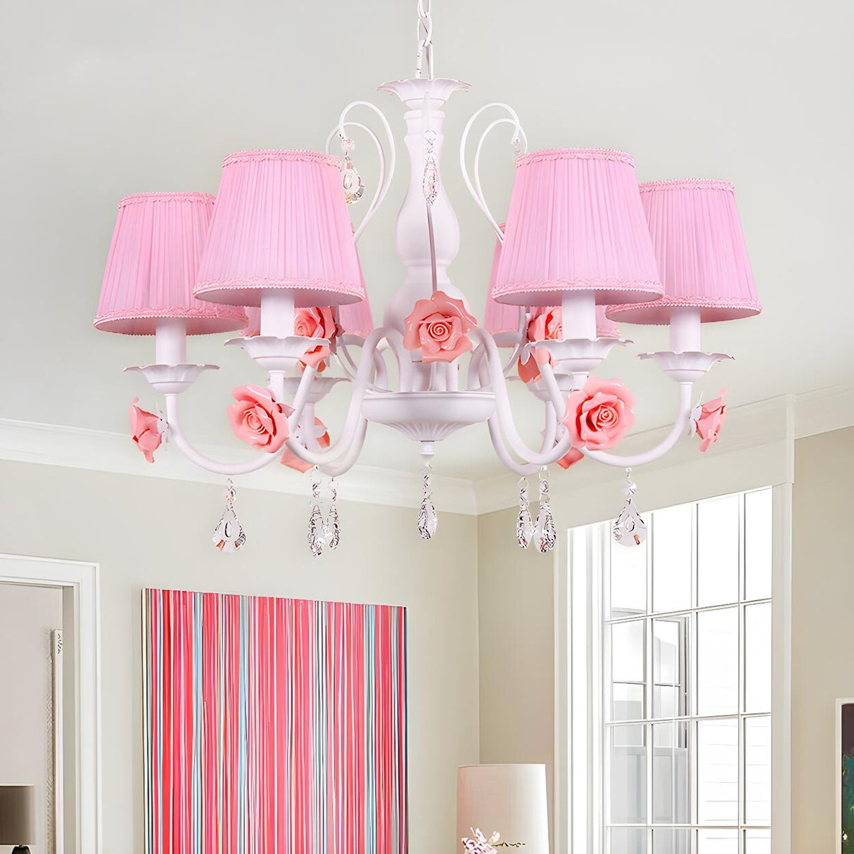 Romantic Classic Pink Rose Fabric Pleated White Chandelier Image - 6