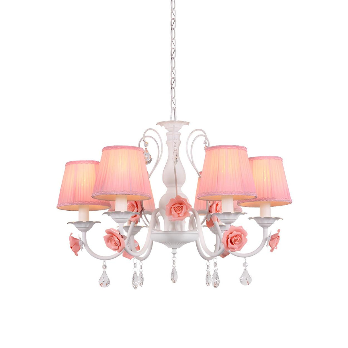 Romantic Classic Pink Rose Fabric Pleated White Chandelier Image - 8