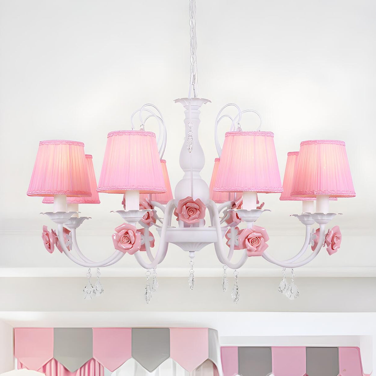 Romantic Classic Pink Rose Fabric Pleated White Chandelier Image - 9