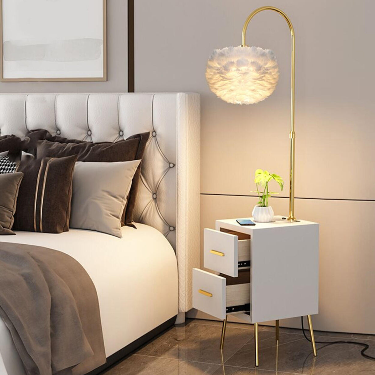 Romantic Feather Shade Bedside Gold Floor Lamp Image - 14