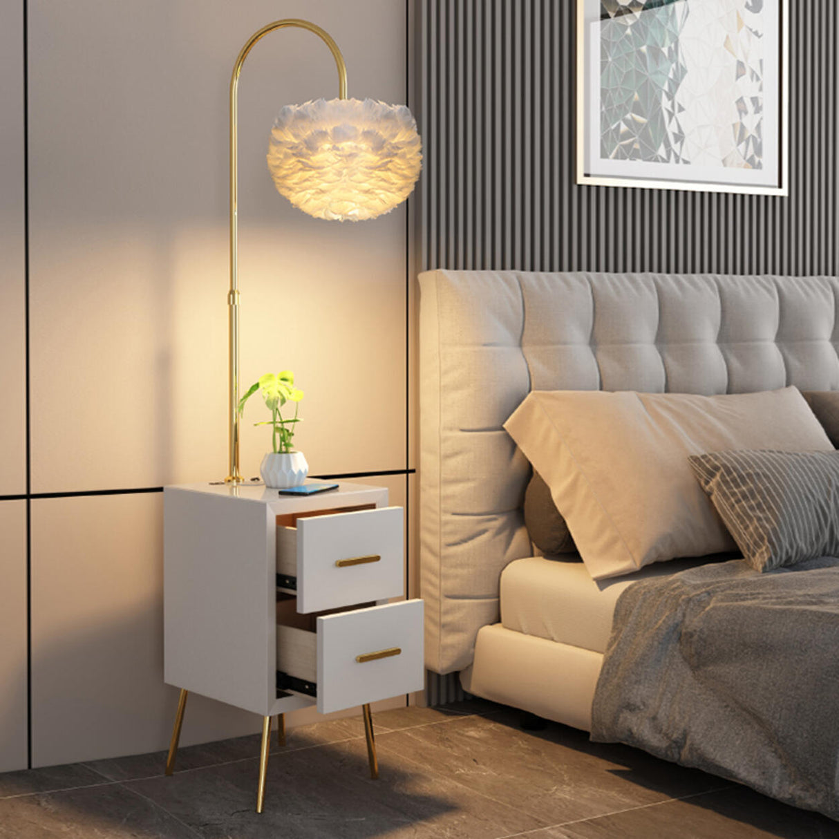 Romantic Feather Shade Bedside Gold Floor Lamp Image - 4