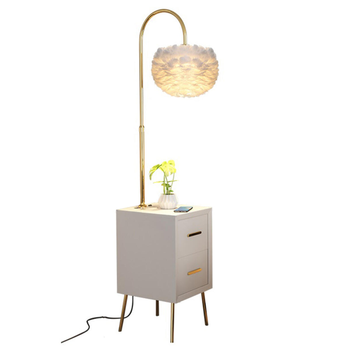 Romantic Feather Shade Bedside Gold Floor Lamp Image - 8