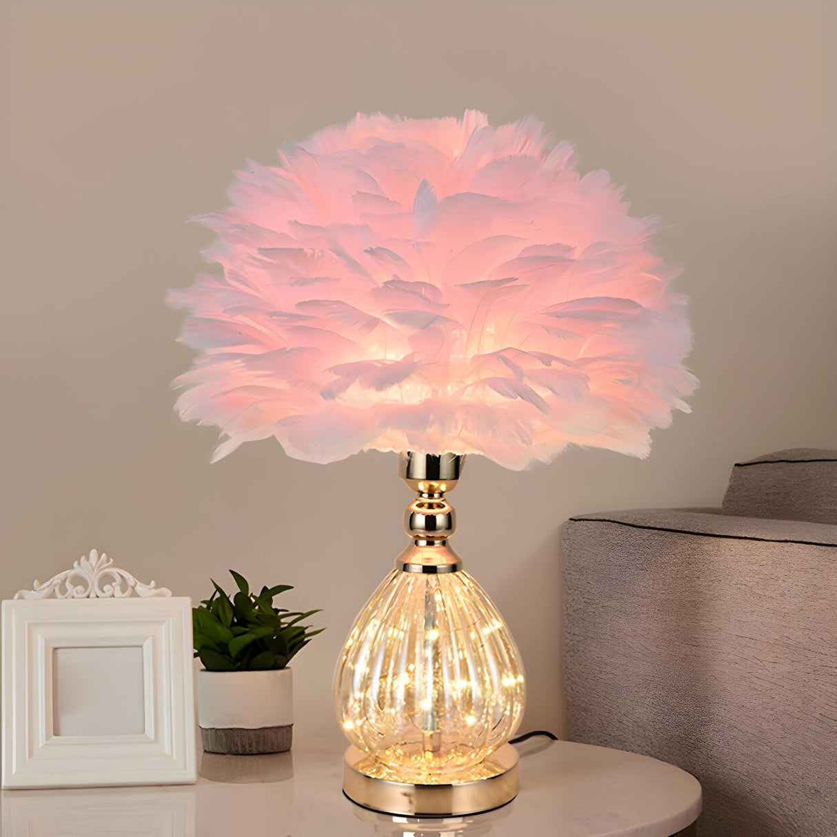 Romantic Feather Shade Conical Crystal Base Table Lamp Image - 1