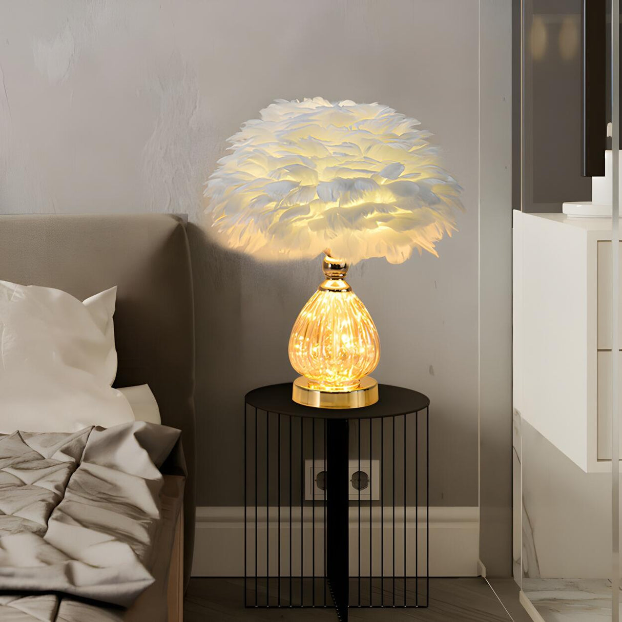 Romantic Feather Shade Conical Crystal Base Table Lamp Image - 11