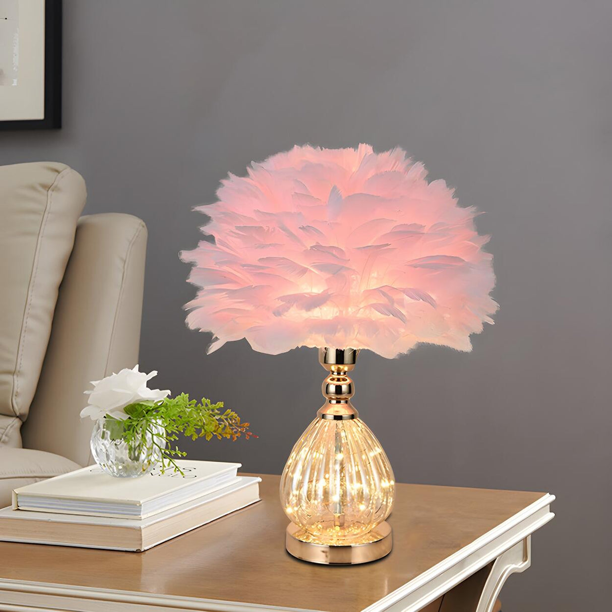 Romantic Feather Shade Conical Crystal Base Table Lamp Image - 3