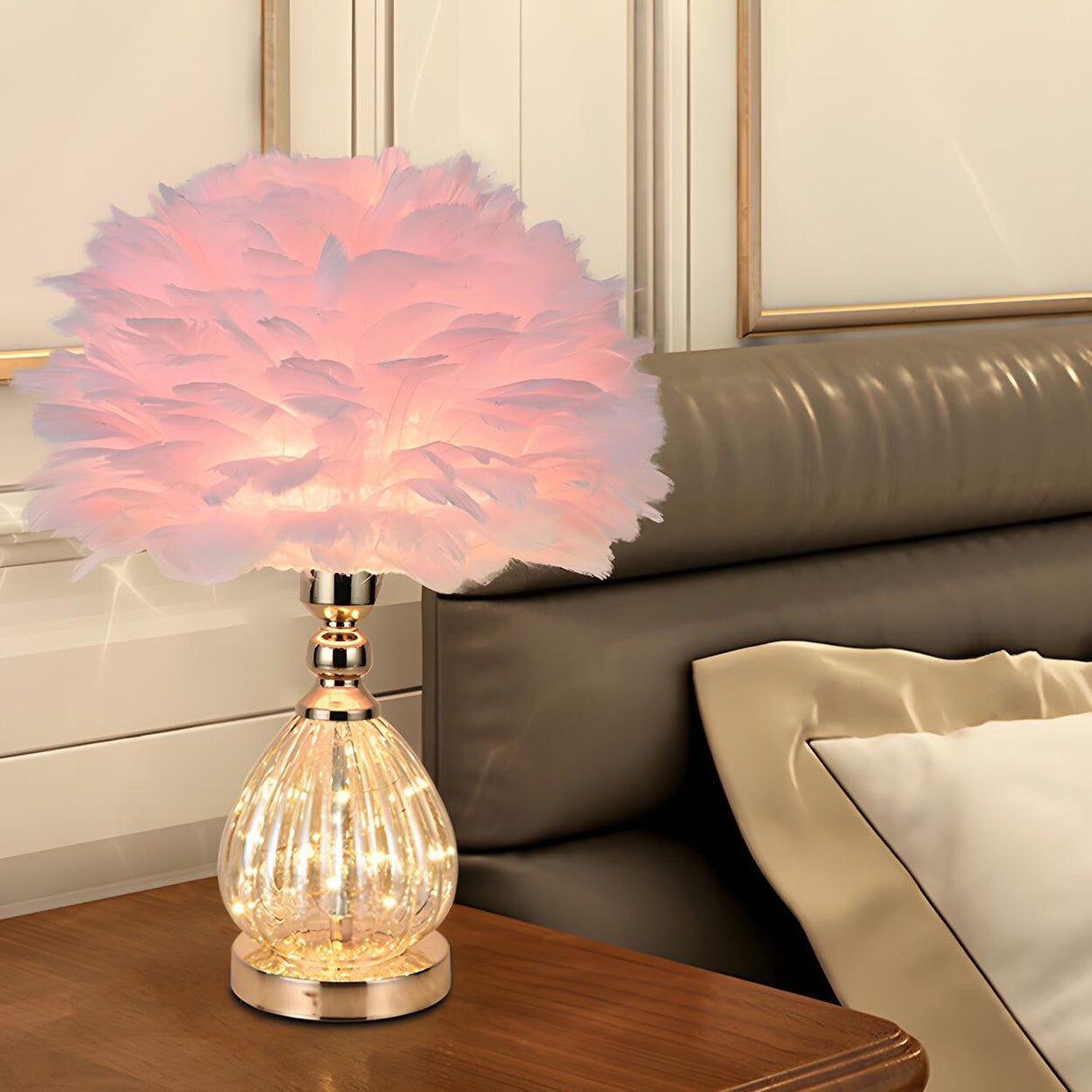 Romantic Feather Shade Conical Crystal Base Table Lamp Image - 5