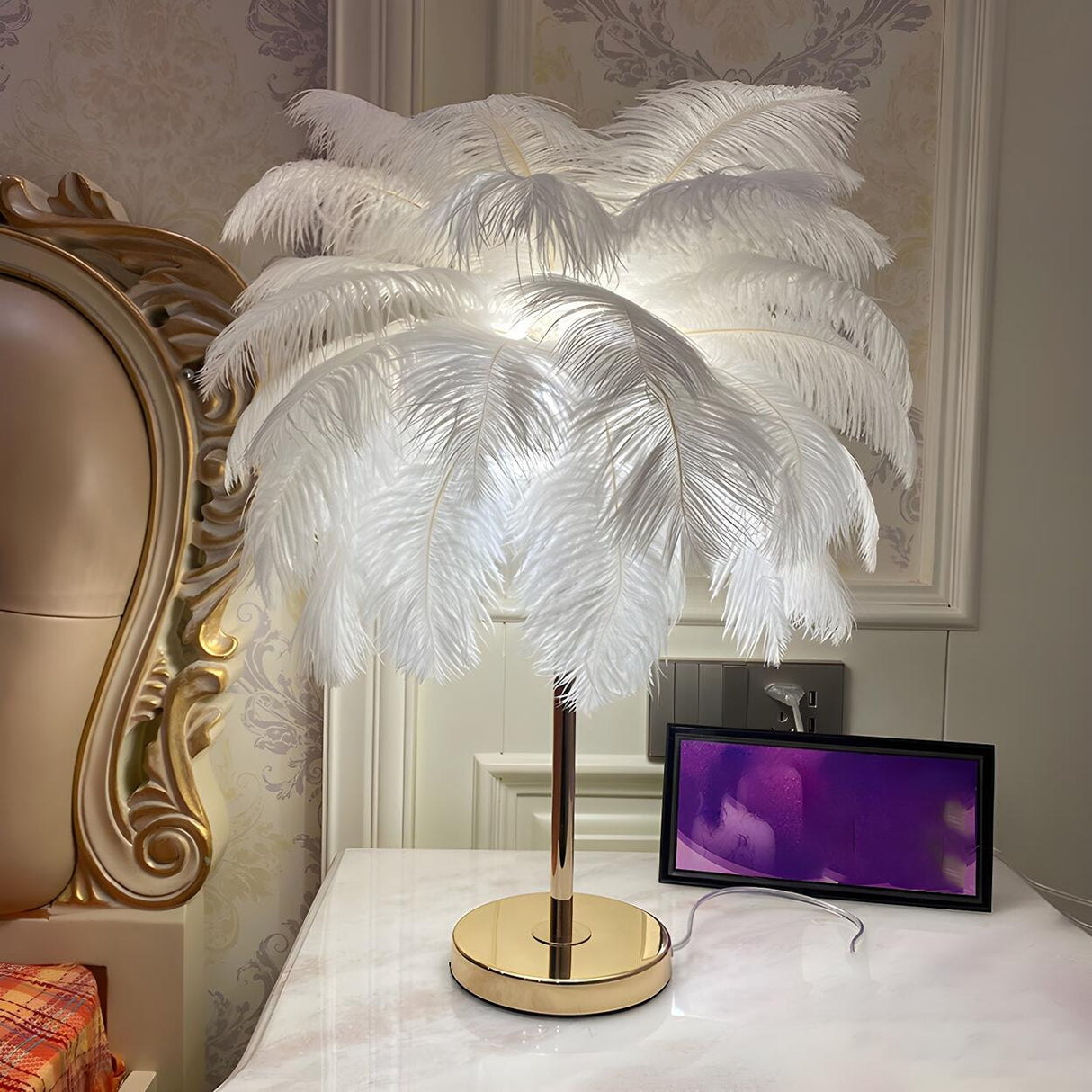 Romantic Feather Shade Metal Base Bedside Table Lamp Image - 1