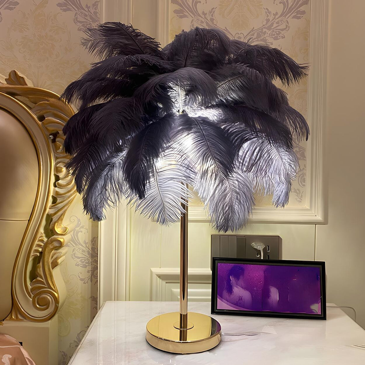 Romantic Feather Shade Metal Base Bedside Table Lamp Image - 3