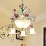 Romantic Floral Pink Rose Frosted Glass Bowl Chandelier Image - 1