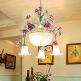 Romantic Floral Pink Rose Frosted Glass Bowl Chandelier Image - 2