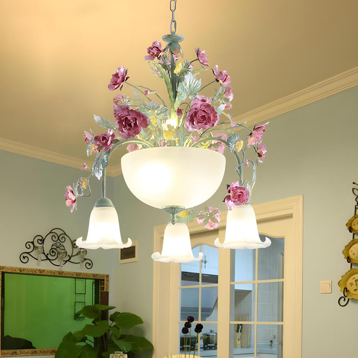 Romantic Floral Pink Rose Frosted Glass Bowl Chandelier Image - 3