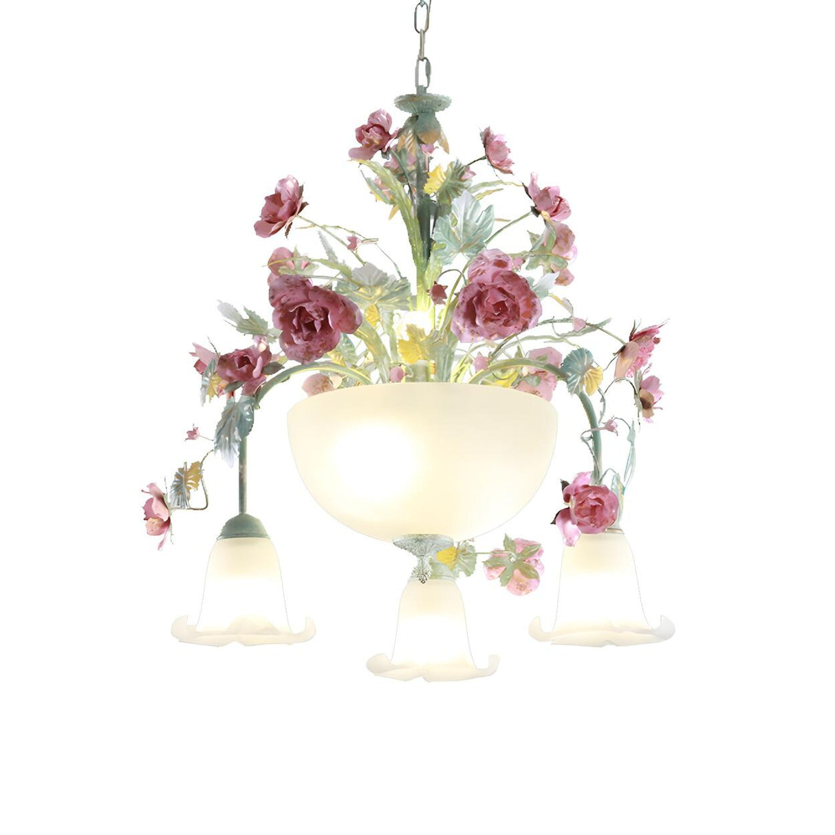 Romantic Floral Pink Rose Frosted Glass Bowl Chandelier Image - 4