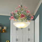 Romantic Floral Pink Rose Frosted Glass Bowl Chandelier Image - 6