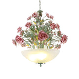 Romantic Floral Pink Rose Frosted Glass Bowl Chandelier Image - 7