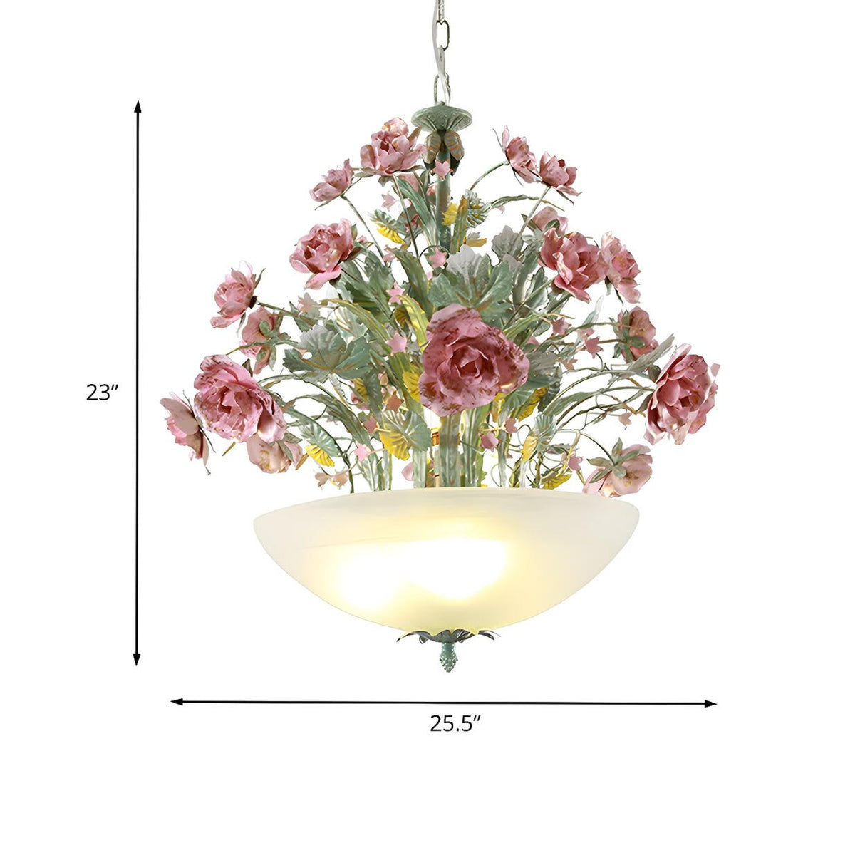 Romantic Floral Pink Rose Frosted Glass Bowl Chandelier 