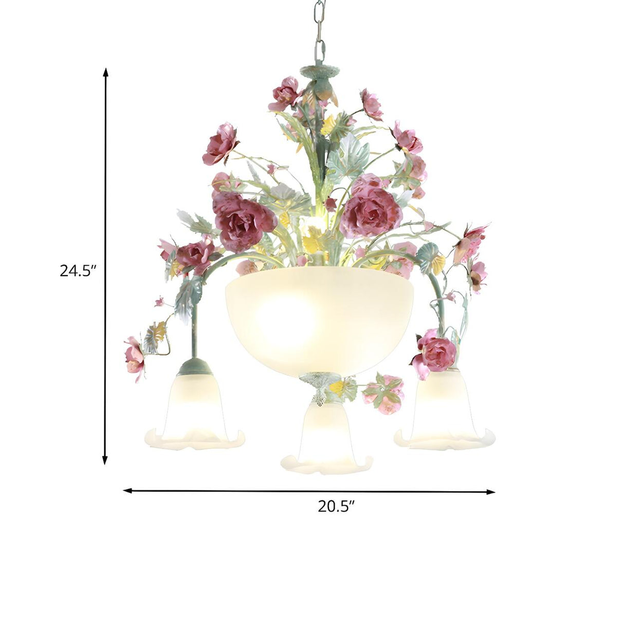 Romantic Floral Pink Rose Frosted Glass Bowl Chandelier Image - 9