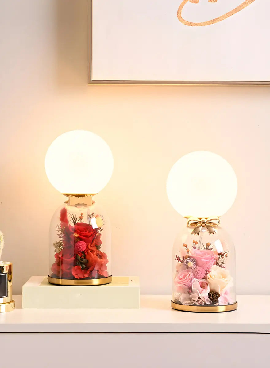 Romantic Glass Dome Gold Table Lamp with Flowers LED Image - 17