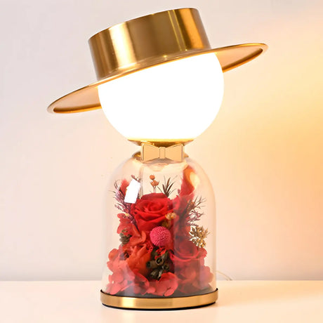 Romantic Glass Dome Gold Table Lamp with Flowers LED Image - 2