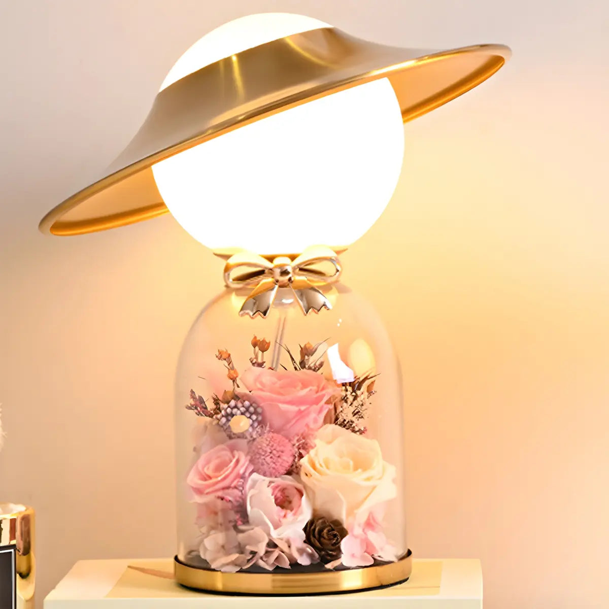 Romantic Glass Dome Gold Table Lamp with Flowers LED Image - 3